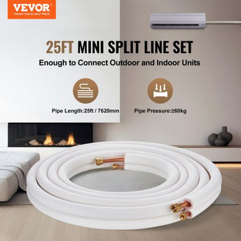 25FT Mini Split Line Set, 3/8" & 5/8" O.D Copper Pipes Tubing and Triple-Layer Insulation, for Mini Split Air Conditioning Refrigerant or Heating Pump Equipment & HVAC with Wrapping Strips.