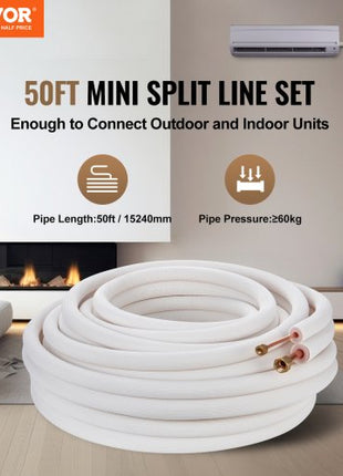 50FT Mini Split Line Set, 1/4" & 1/2" O.D Copper Pipes Tubing and Triple-Layer Insulation, for Mini Split Air Conditioning Refrigerant or Heating Pump Equipment & HVAC with Wrapping Strips.