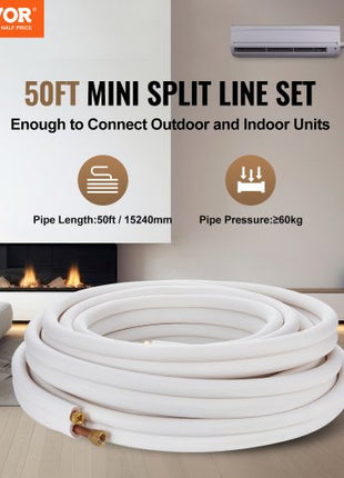 50FT Mini Split Line Set, 3/8" & 5/8" O.D Copper Pipes Tubing and Triple-Layer Insulation, for Mini Split Air Conditioning Refrigerant or Heating Pump Equipment & HVAC with Wrapping Strips.