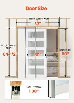 Sliding Pocket Door, 30" x 80", 5-Lite Frosted Glass Single Sliding Door with Hardware Kit, Sturdy Solid Wood & MDF Pocket Doors Slab with Waterproof Surface for Bedroom Kitchen Study Room