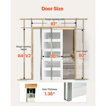 Sliding Pocket Door, 30" x 80", 5-Lite Frosted Glass Single Sliding Door with Hardware Kit, Sturdy Solid Wood & MDF Pocket Doors Slab with Waterproof Surface for Bedroom Kitchen Study Room