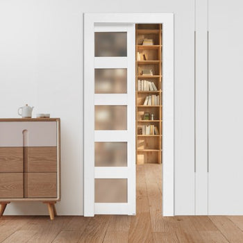 Sliding Pocket Door, 30" x 80", 5-Lite Frosted Glass Single Sliding Door with Hardware Kit, Sturdy Solid Wood & MDF Pocket Doors Slab with Waterproof Surface for Bedroom Kitchen Study Room