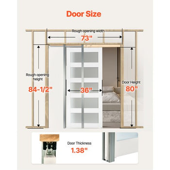 Sliding Pocket Door, 36" x 80", 5-Lite Frosted Glass Single Sliding Door with Hardware Kit, Sturdy Solid Wood & MDF Pocket Doors Slab with Waterproof Surface for Bedroom Kitchen Study Room