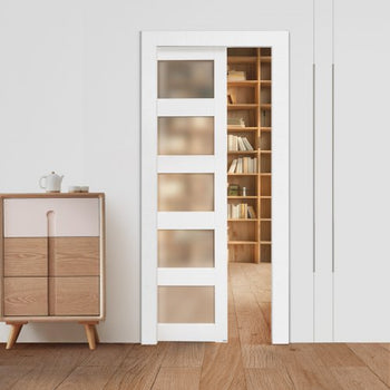 Sliding Pocket Door, 36" x 80", 5-Lite Frosted Glass Single Sliding Door with Hardware Kit, Sturdy Solid Wood & MDF Pocket Doors Slab with Waterproof Surface for Bedroom Kitchen Study Room