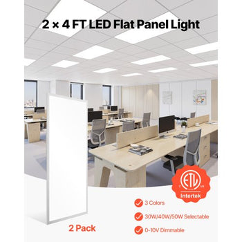 2x4 FT LED Flat Panel Light, 7800 LM, Flush Mount LED Drop Ceiling Lighting Fixture with 3 Color Selectable 4000K/5000K/6000K, 30W/40W/50W, 0-10V Dimmable, Ultra Slim for Home Kitchen, 2 Pack