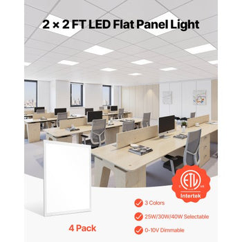 2x2 FT LED Flat Panel Light, 5700 LM, Flush Mount LED Drop Ceiling Lighting Fixture with 3 Color Selectable 3000K/4000K/5000K, 25W/30W/40W, 0-10V Dimmable, Ultra Slim for Home Kitchen, 4 Pack