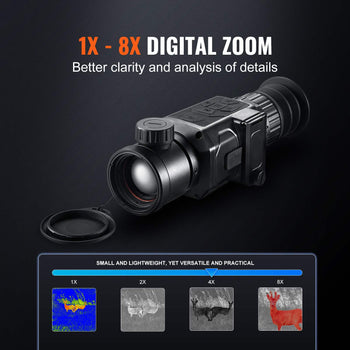 Black digital night vision scope with 1X-8X zoom, lightweight design for versatile outdoor use.