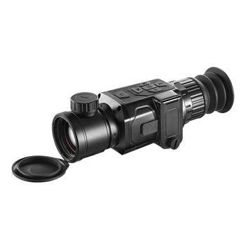 Black thermal imaging scope with adjustable lens and digital controls for precision targeting.