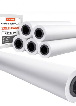 Wide Format Paper, 24 in x 150 ft Plotter Paper, 6 Rolls CAD Bond Rolls with 2 in Core, 20 LB Bond Paper Rolls, Idea for CAD Drawings, Engineering Plans, GIS Maps & Architectural Designs