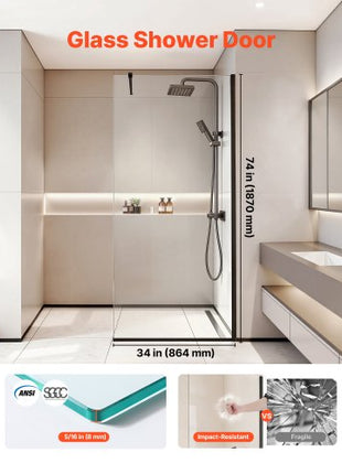 Fixed Glass Shower Panel, 34 x 73.6 in Semi-Framed Fixed Shower Screen, 5/16 in Thick Clear Tempered Glass Door with Bottom Seal Strip and Hardware, Easy to Clean, for Bathroom, Matte Black