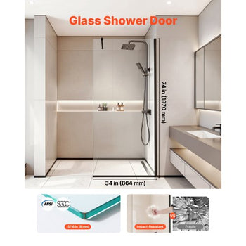Fixed Glass Shower Panel, 34 x 73.6 in Semi-Framed Fixed Shower Screen, 5/16 in Thick Clear Tempered Glass Door with Bottom Seal Strip and Hardware, Easy to Clean, for Bathroom, Matte Black