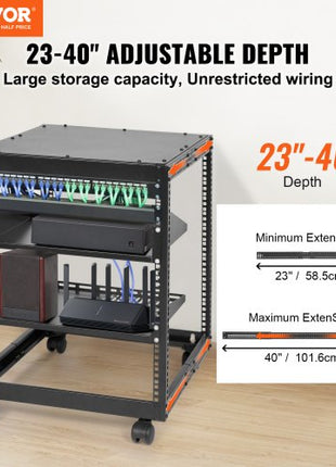 12U Open Frame Server Rack, 23-40 in Adjustable Depth, Free Standing or Wall Mount Network Server Rack, 4 Post AV Rack with Casters, Holds All Your Networking IT Equipment AV Gear Router Modem
