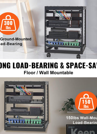 Black metal media rack on wheels, load-bearing 300 lbs, features space-saving design for floor or wall mounting.
