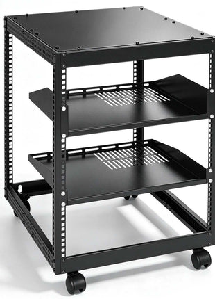Black metal rolling rack with three shelves and perforated design, ideal for storage and organization in modern spaces.