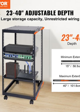 20U Open Frame Server Rack, 23-40 in Adjustable Depth, Free Standing or Wall Mount Network Server Rack, 4 Post AV Rack with Casters, Holds All Your Networking IT Equipment AV Gear Router Modem