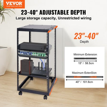 20U Open Frame Server Rack, 23-40 in Adjustable Depth, Free Standing or Wall Mount Network Server Rack, 4 Post AV Rack with Casters, Holds All Your Networking IT Equipment AV Gear Router Modem