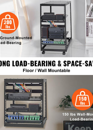Black metal storage rack, floor/wall mountable, 200 lbs capacity, featuring multiple shelves for organizational use.