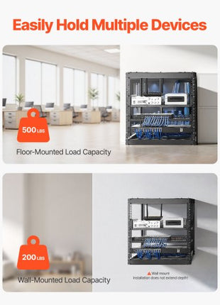10U Open Frame Network Rack, 23 in Depth, Wall Mounted or Floor Standing Server Rack, Heavy Duty 4 Post, with Vented Shelves & Mounting Hardware, Holds All Your Networking IT Equipment AV Gear