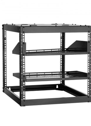 10U Open Frame Network Rack, 23 in Depth, Wall Mounted or Floor Standing Server Rack, Heavy Duty 4 Post, with Vented Shelves & Mounting Hardware, Holds All Your Networking IT Equipment AV Gear