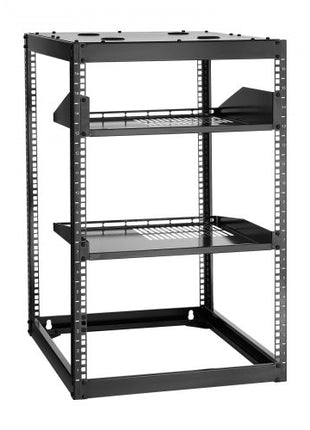 16U Open Frame Network Rack, 23 in Depth, Wall Mounted or Floor Standing Server Rack, Heavy Duty 4 Post, with Vented Shelves & Mounting Hardware, Holds All Your Networking IT Equipment AV Gear