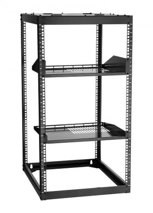 20U Open Frame Network Rack, 23 in Depth, Wall Mounted or Floor Standing Server Rack, Heavy Duty 4 Post, with Vented Shelves & Mounting Hardware, Holds All Your Networking IT Equipment AV Gear