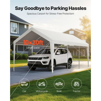 Carport, 10 x 20 FT Outdoor Car Canopy, Potable Carport, Heavy Duty Galvanized Car Shelter, UV-Resistant & Water-Resistant, All-Season Protection, Storage Shed for Boat Motorcycle White