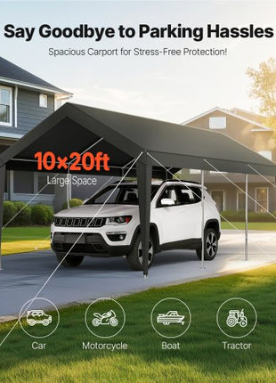 Carport, 10 x 20 FT Outdoor Car Canopy, Potable Carport, Heavy Duty Galvanized Car Shelter, UV-Resistant & Water-Resistant, All-Season Protection, Storage Shed for Car Boat Motorcycle Grey