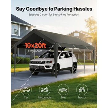Carport, 10 x 20 FT Outdoor Car Canopy, Potable Carport, Heavy Duty Galvanized Car Shelter, UV-Resistant & Water-Resistant, All-Season Protection, Storage Shed for Car Boat Motorcycle Grey