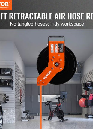 Retractable Air Hose Reel, 3/8 IN x 50 FT Hybrid Air Hose Max 300PSI, Air Compressor Hose Reel with 5 In Lead in, Ceiling / Wall Mount Heavy Duty Double Arm Steel Reel