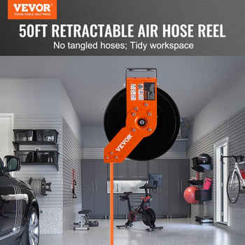 Retractable Air Hose Reel, 3/8 IN x 50 FT Hybrid Air Hose Max 300PSI, Air Compressor Hose Reel with 5 In Lead in, Ceiling / Wall Mount Heavy Duty Double Arm Steel Reel
