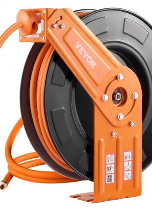 Retractable Air Hose Reel, 3/8IN x 100FT Rubber Air Hose Max 300PSI, Air Compressor Hose Reel Auto-Rewind with 5FT Lead in, Ceiling/Wall Mount Heavy Duty Single Arm Steel Reel, 1/4" NPT Fitting