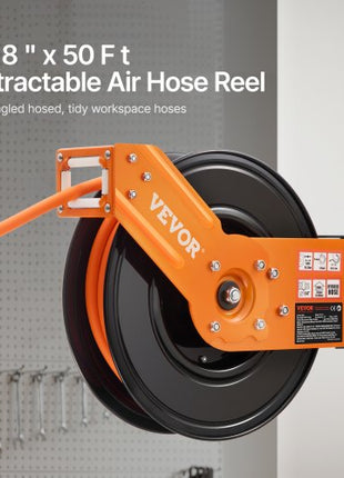 Retractable Air Hose Reel, 3/8IN x 50FT Rubber Air Hose Max 300PSI, Air Compressor Hose Reel Auto-Rewind with 5FT Lead in, Ceiling/Wall Mount Heavy Duty Single Arm Reel & 180° Swivel Bracket