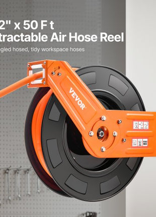 Retractable Air Hose Reel, 1/2 IN x 50 FT Hybrid Air Hose Max 300PSI, Air Compressor Hose Reel Auto-Rewind with 5FT Lead in, Ceiling/Wall Mount Heavy Duty Single Arm Steel Reel, 1/2" NPT Fitting