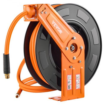 Retractable Air Hose Reel, 1/2 IN x 50 FT Hybrid Air Hose Max 300PSI, Air Compressor Hose Reel Auto-Rewind with 5FT Lead in, Ceiling/Wall Mount Heavy Duty Single Arm Steel Reel, 1/2" NPT Fitting