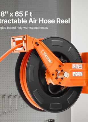 Retractable Air Hose Reel with Double Arms, 3/8 IN x 65FT Hybrid Air Hose Max 300PSI, Air Compressor Hose Reel with 5FT Lead in, Ceiling/Wall Mount Heavy Duty Steel Reel for Workshop Garage