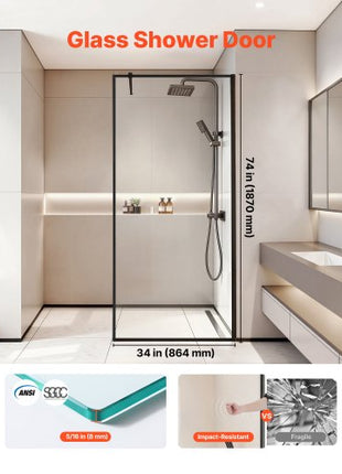 Fixed Glass Shower Panel, 34 x 73.6 in Full-Framed Fixed Shower Screen, 5/16 in Thick Clear Tempered Glass Door with Bottom Seal Strip and Hardware, Easy to Clean, for Bathroom, Matte Black