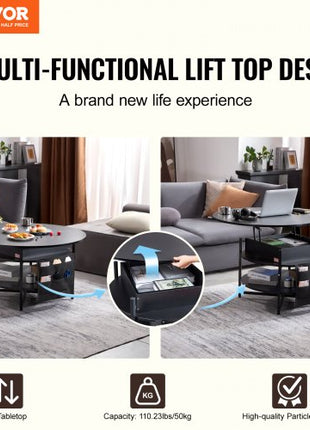 Lift Top Coffee Table, 35.3 in Round Coffee Table with Extra Storage Pockets, Pop Up Coffee Table for Living Room, Black