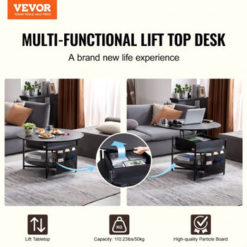 Lift Top Coffee Table, 35.3 in Round Coffee Table with Extra Storage Pockets, Pop Up Coffee Table for Living Room, Black