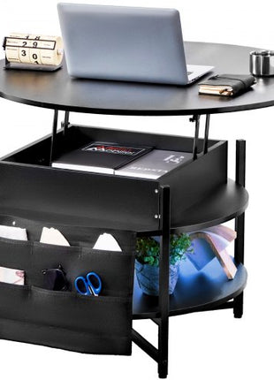 Lift Top Coffee Table, 35.3 in Round Coffee Table with Extra Storage Pockets, Pop Up Coffee Table for Living Room, Black