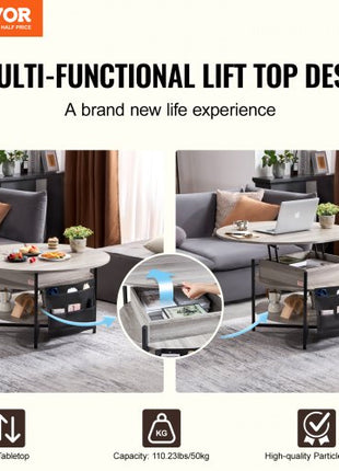 Lift Top Coffee Table, 35.3 in Round Coffee Table with Extra Storage Pockets, Pop Up Coffee Table for Living Room, White