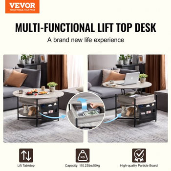 Lift Top Coffee Table, 35.3 in Round Coffee Table with Extra Storage Pockets, Pop Up Coffee Table for Living Room, White
