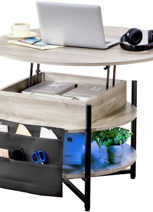 Lift Top Coffee Table, 35.3 in Round Coffee Table with Extra Storage Pockets, Pop Up Coffee Table for Living Room, White