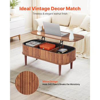 39.4 in Lift Top Coffee Table, Fluted Oval Coffee Table with 3 Hidden Compartment, Mid Century Wooden Oval Center Desk with Storage, Lift Up Tabletop for Home & Office, Easy Assembly, Walnut