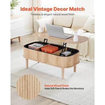39.4 in Lift Top Coffee Table, Fluted Oval Coffee Table with 3 Hidden Compartment, Mid Century Wooden Oval Center Desk with Storage, Lift Up Tabletop for Home & Office, Easy Assembly, Burlywood