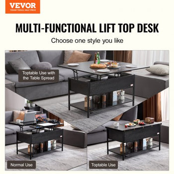 Lift Top Coffee Table, 39.4 in Rectangle Coffee Table with Extra Storage Pockets, Flipable Coffee Table with Power Strip & USB & Ambient Lighting for Living Room, Black