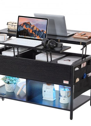 Lift Top Coffee Table, 39.4 in Rectangle Coffee Table with Extra Storage Pockets, Flipable Coffee Table with Power Strip & USB & Ambient Lighting for Living Room, Black