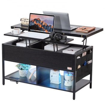 Lift Top Coffee Table, 39.4 in Rectangle Coffee Table with Extra Storage Pockets, Flipable Coffee Table with Power Strip & USB & Ambient Lighting for Living Room, Black