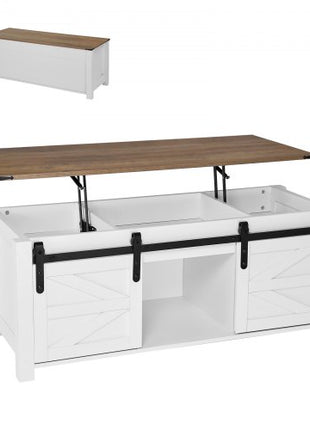 47.2 in Farmhouse Lift Top Coffee Table, Rustic Center Table with Barn Door and Hidden Storage Compartment, Modern Rectangle Lifting Tabletop for Living Room, Office, Home, Easy Assembly, White