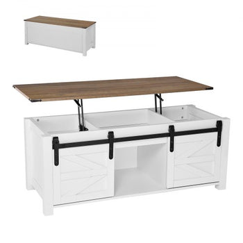 47.2 in Farmhouse Lift Top Coffee Table, Rustic Center Table with Barn Door and Hidden Storage Compartment, Modern Rectangle Lifting Tabletop for Living Room, Office, Home, Easy Assembly, White
