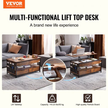Lift Top Coffee Table, 39.4 in Rectangle Coffee Table with Extra Storage Pockets, Pop Up Coffee Table with Power Strip & USB & Ambient Lighting for Living Room, Brown